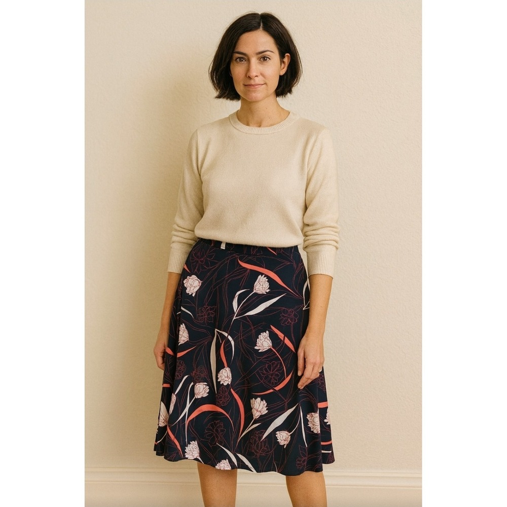 Kaileigh Navy Coral Cream Floral Print A Line Skirt Sz L Classy Luxe